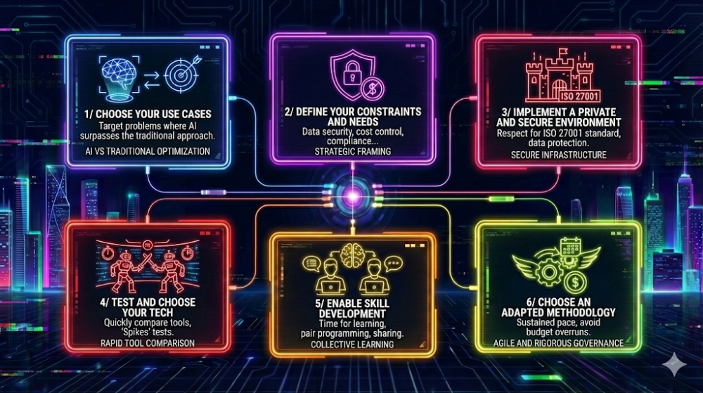 Infographie en 6 étapes pour lancer une dynamique IA : 1. Choix des cas d'usage, 2. Définition des contraintes, 3. Environnement privé et sécurisé, 4. Test des technos, 5. Montée en compétences collective, 6. Méthodologie agile adaptée.