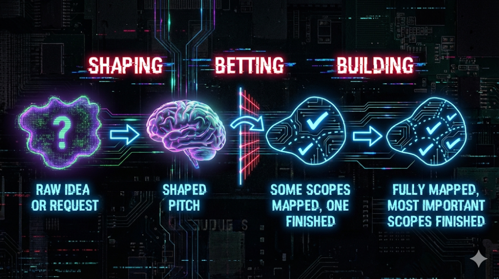 Diagram illustrating the Shape Up-inspired development cycle: Shaping (idea shaping), Betting (selection), and Building (phased construction), from raw concept to fully mapped project.