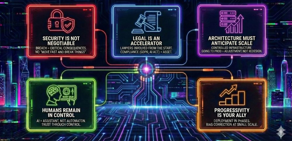 An infographic outlining Yogosha's 5 pillars of AI industrialization: Security is non-negotiable, Legal is an accelerator, Architecture must anticipate scale, Humans remain in control (Human-in-the-loop), and Progressiveness is your best ally.