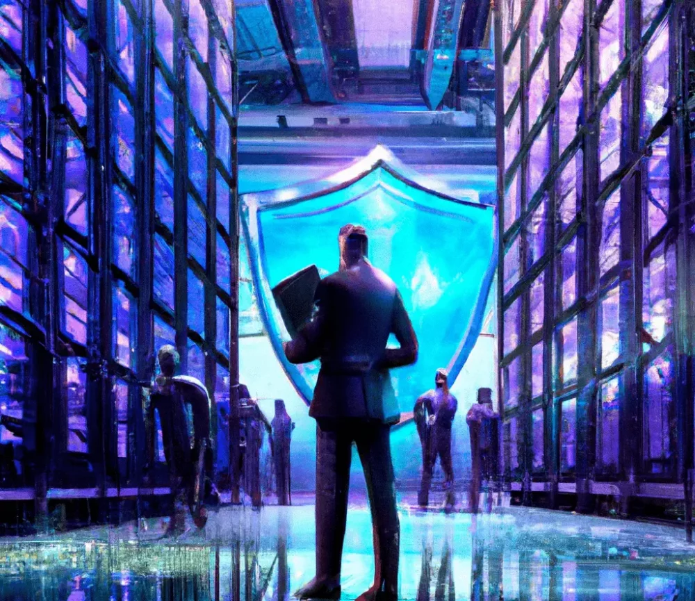 A man wearing a suit and a shiled protecting a server room.