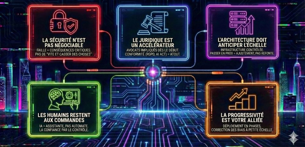 Infographie présentant 5 piliers clés : 1. Sécurité non négociable (éviter les conséquences critiques), 2. Juridique accélérateur (RGPD et AI Act), 3. Architecture anticipant l'échelle, 4. Humains aux commandes (IA assistante) et 5. Progressivité alliée (déploiement par phases).