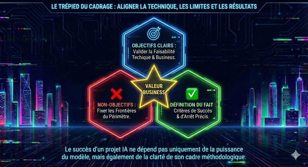 Schéma méthodologique intitulé « Le trépied de cadrage du projet » centré sur la valeur métier. Il aligne trois éléments clés : des Objectifs Clairs (faisabilité technique et métier), des Non-Objectifs (définition du périmètre) et une Definition of Done (critères de succès et d'arrêt précis) pour assurer le succès d'un projet IA.