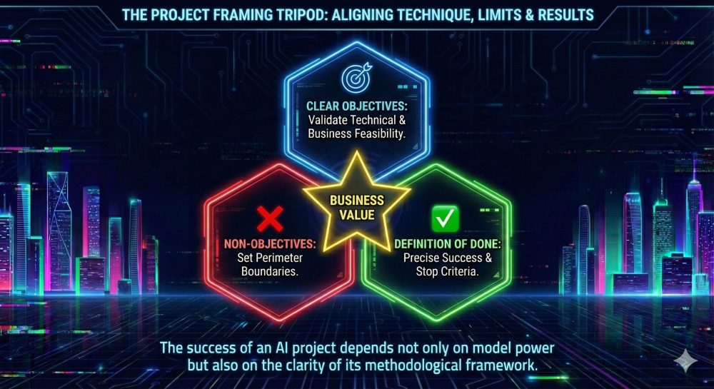 A methodological diagram titled 'The Project Framing Tripod' centered on Business Value. It aligns three core elements: Clear Objectives (technical and business feasibility), Non-Objectives (perimeter boundaries), and Definition of Done (precise success and stop criteria) to ensure the success of an AI project beyond its technical power.