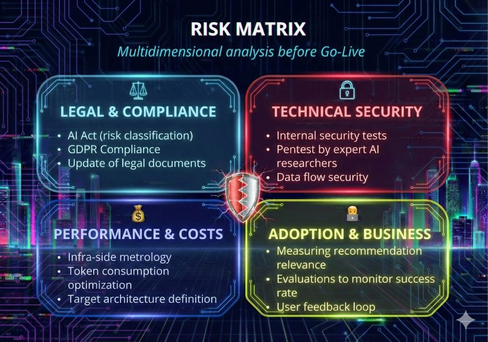 A comprehensive AI Risk Matrix titled 'Multidimensional analysis before Go-Live.' It is divided into four quadrants: 1. Legal & Compliance (AI Act, GDPR); 2. Technical Security (Internal tests, Pentest, Data flow); 3. Performance & Costs (Infra metrology, Token optimization); 4. Adoption & Business (Success rate and user feedback loop).